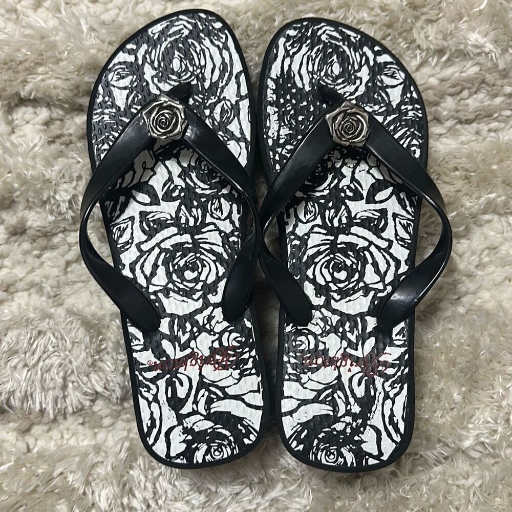 Brighton Malibu Black/White Rose Print Wedge Sandals Women’s Sz 7 - Picture 5 of 11